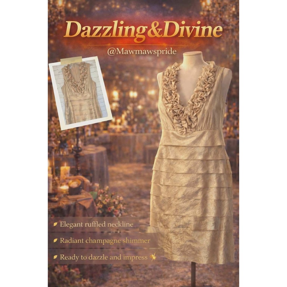 London Times‎ Champagne Shimmer Ruffle Neck Tiered Cocktail Dress Size 8